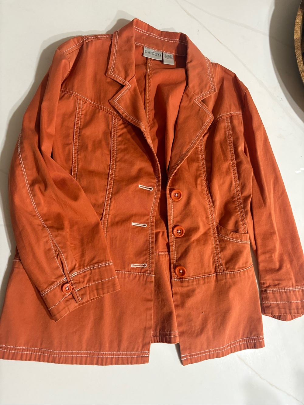 Chico's Orange Cotton Blazer with White Contrast Stitching